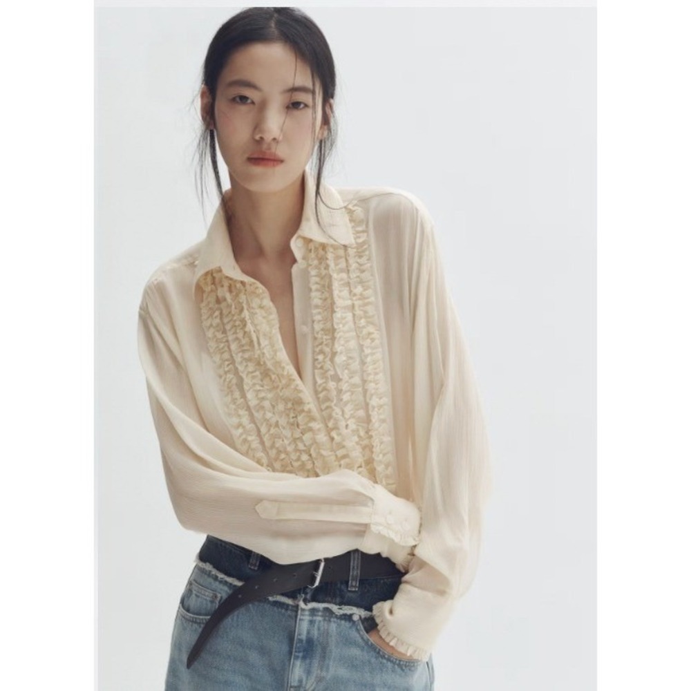 Stella McCartney H&M Silk-Blend Blouse with Ruffled Bib Top Ivory | Size Large - Picture 2 of 6